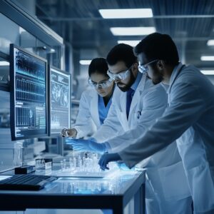 Pharmaceutical researchers in a lab using AI technology.